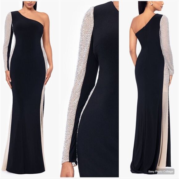 Xscape "DORTHEY"  LONG CAVIAR BEADED JERSEY KNIT ONE SHOULDER LONG SLEEVE DRESS - Picture 1 of 13